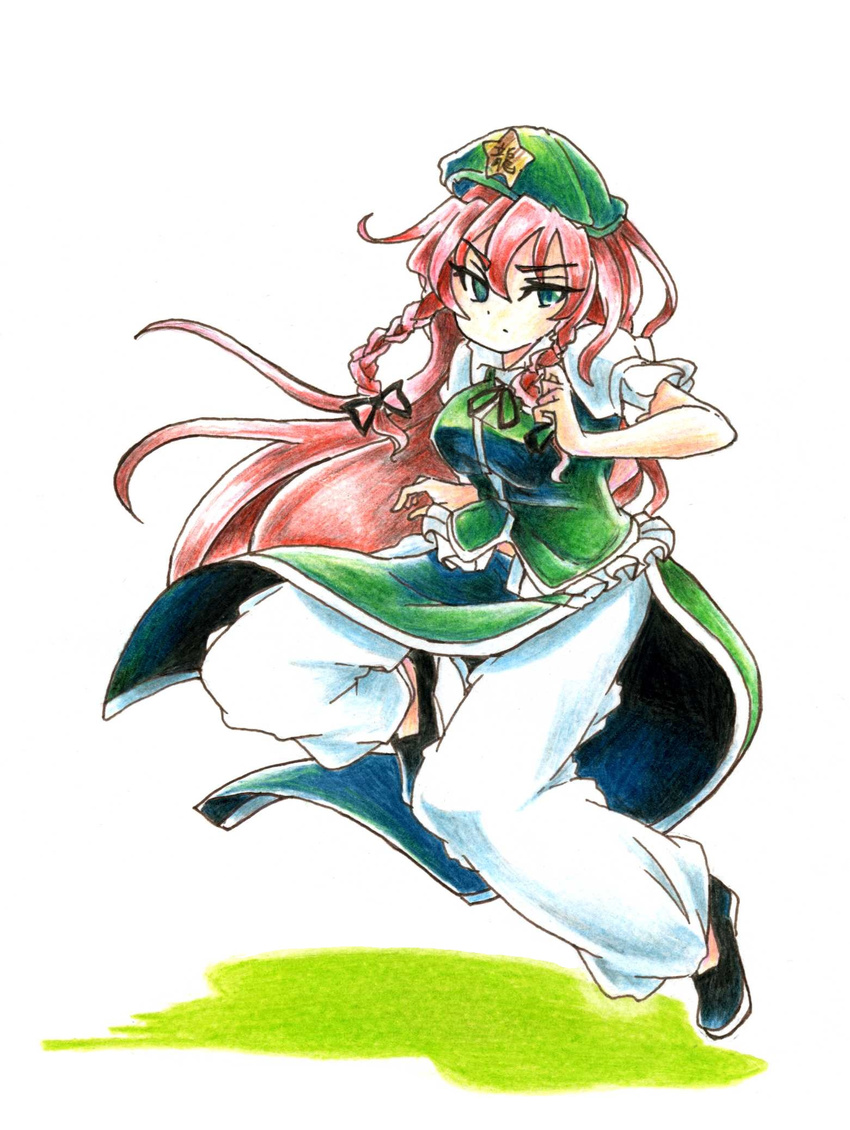 bow braid breasts chinese_clothes colored_pencil_(medium) eyelashes fighting_stance gokuu_(acoloredpencil) green_eyes hair_bow hat highres hong_meiling long_hair looking_at_viewer medium_breasts pants red_hair shadow simple_background solo star touhou traditional_media twin_braids very_long_hair white_background
