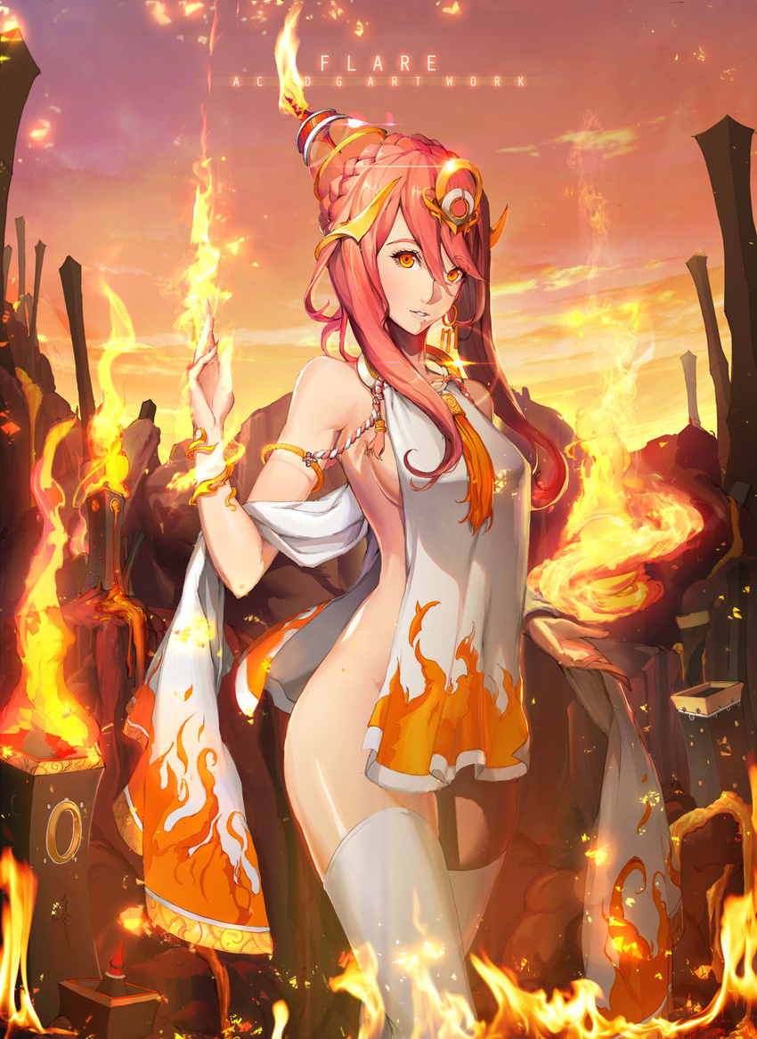 acid_g bad_id bad_pixiv_id bracelet breasts circlet cloud dress fire flame highres hips jewelry long_hair magic medium_breasts no_panties orange_eyes original parted_lips red_hair sideboob sidelocks sky solo thighhighs