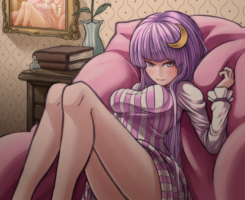 book breasts chair crescent crescent_hair_ornament dress grey_eyes hair_ornament highres long_hair medium_breasts painting_(object) patchouli_knowledge picture_frame purple_hair rapuka recursion seductive_smile smile solo touhou vase vial