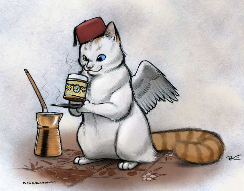 :3 cat coffee cup feline fez hat heterochromia mammal robthedoodler turkish wings