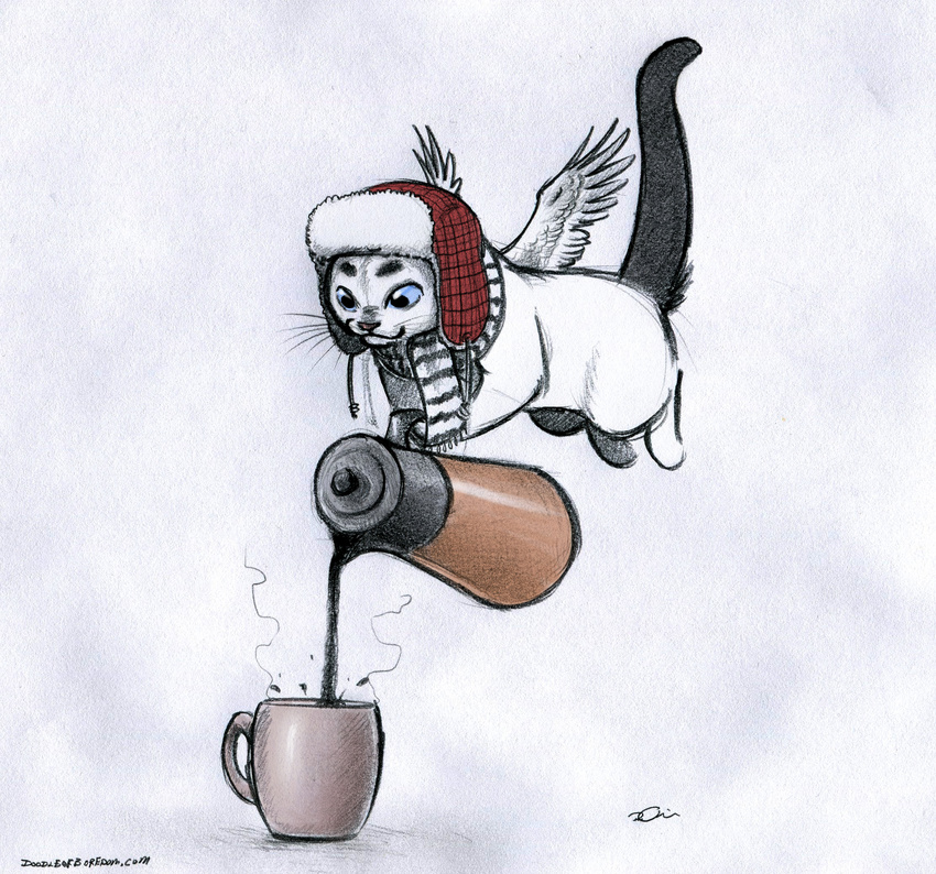 :3 blue_eyes cat coffee cup feline flying hat mammal plain_background robthedoodler whiskers white_background wings