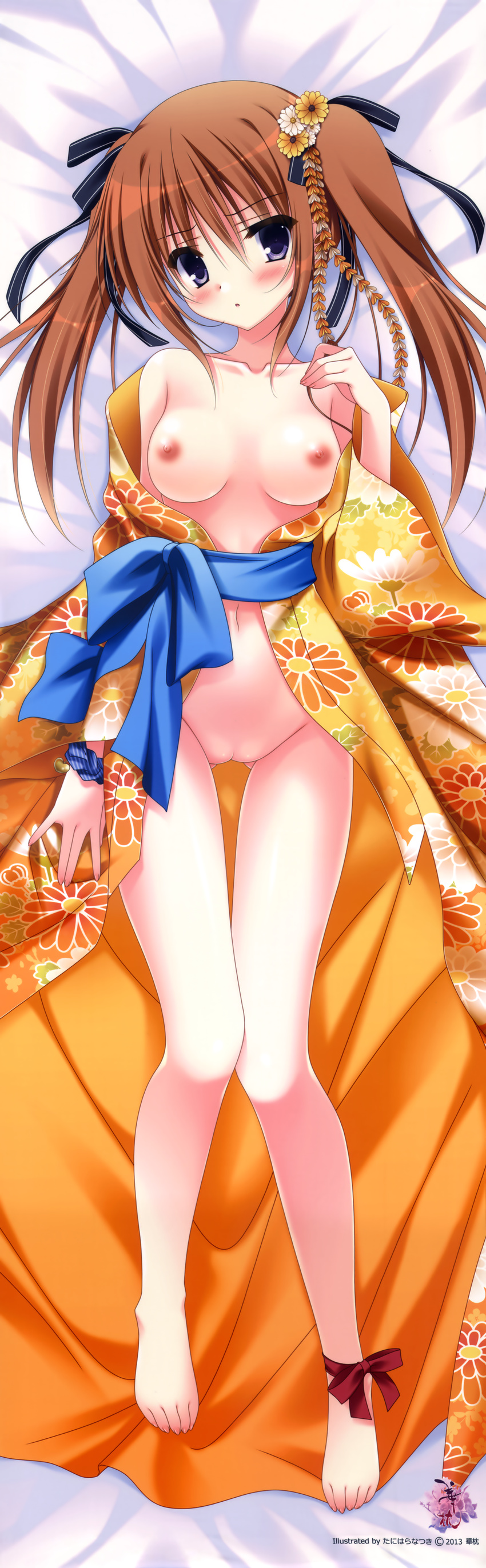 absurdres bed bed_sheet blue_eyes blush breasts brown_hair dakimakura flower from_above groin hair_flower hair_ornament hanamakura highres huge_filesize japanese_clothes kimono legs looking_at_viewer medium_breasts nipples no_bra no_panties obi on_bed open_clothes open_kimono pussy sash scan solo tanihara_natsuki twintails uncensored