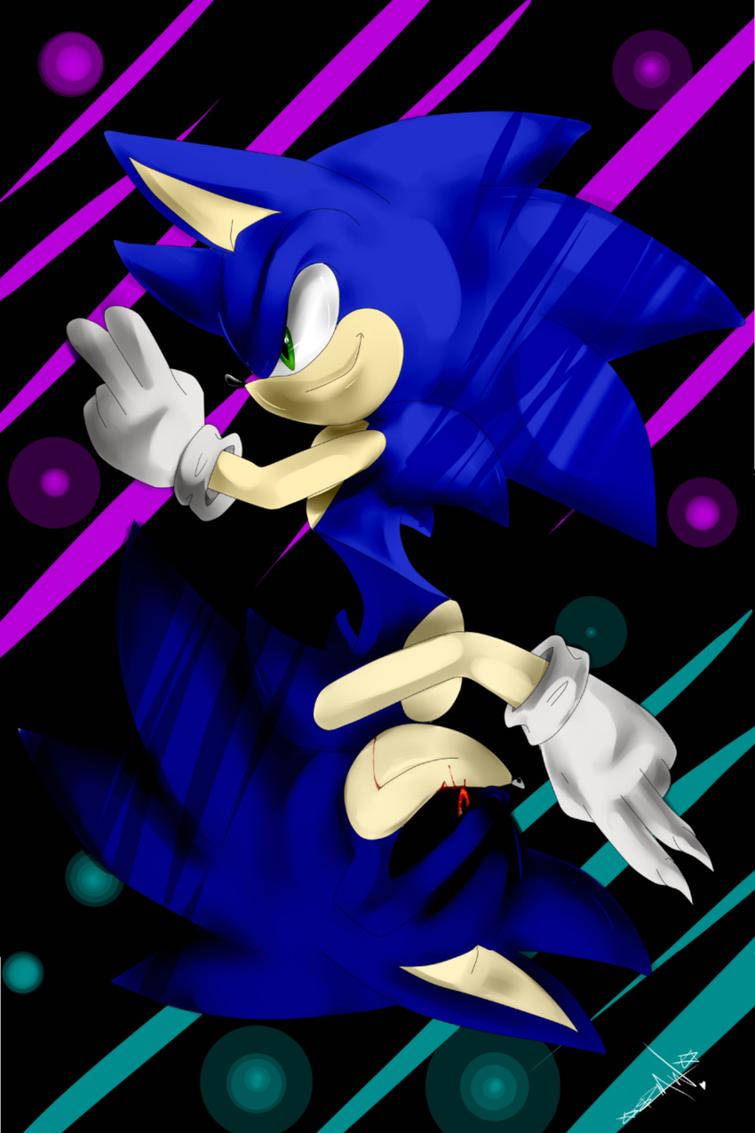 absurd_res black_background black_eyes black_nose blood claws creepypasta gesture gloves green_eyes hedgehog hi_res mammal mirror peace pink_background plain_background pointy_ears quills raised_arm red_eyes sega shadow shiny sonadowroxmyworld sonic.exe sonic_(series) sonic_the_hedgehog video_games white_eyes
