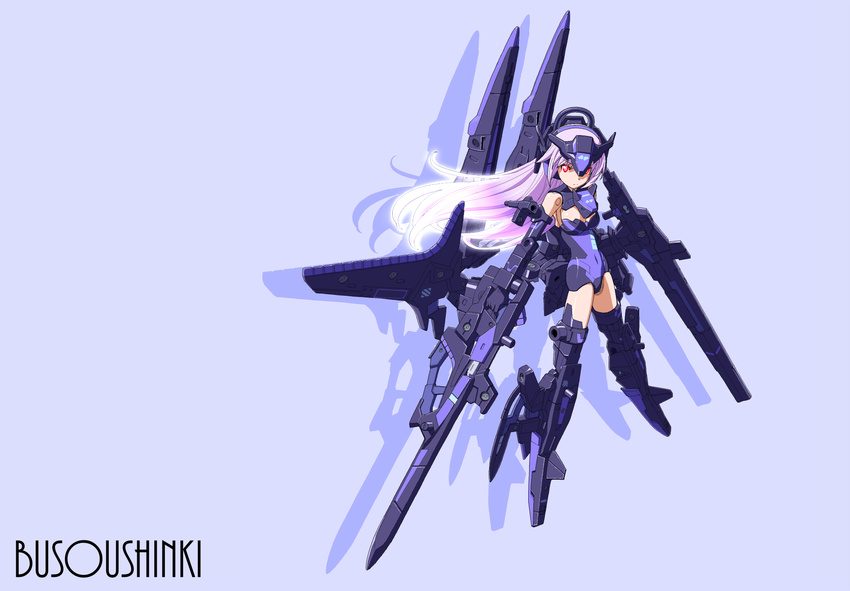 arnval_mk2 arnval_mk2_tempesta blue_background busou_shinki copyright_name full_body headgear highres holding holding_weapon huge_weapon ikuya_koimori lavender_background legs_apart long_hair looking_at_viewer machinery mechanical_wings purple_hair red_eyes silhouette simple_background solo tempesta text_focus weapon wings