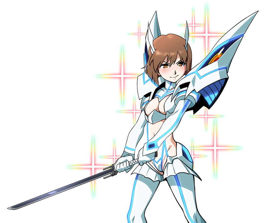 :&gt; blush breasts brown_eyes brown_hair cleavage cleavage_cutout cosplay crossover hagiwara_yukiho idolmaster idolmaster_(classic) junketsu katana kill_la_kill kiryuuin_satsuki kiryuuin_satsuki_(cosplay) medium_breasts revealing_clothes sat short_hair solo sword thighhighs weapon