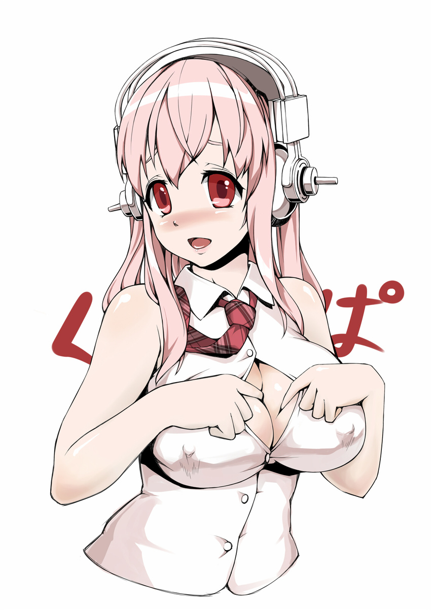 bai_linqin bare_shoulders blush breasts covered_nipples headphones highres kupaa large_breasts long_hair necktie nitroplus open_mouth paizuri_invitation pink_hair red_eyes shirt simple_background smile solo spread_cleavage super_sonico white_background