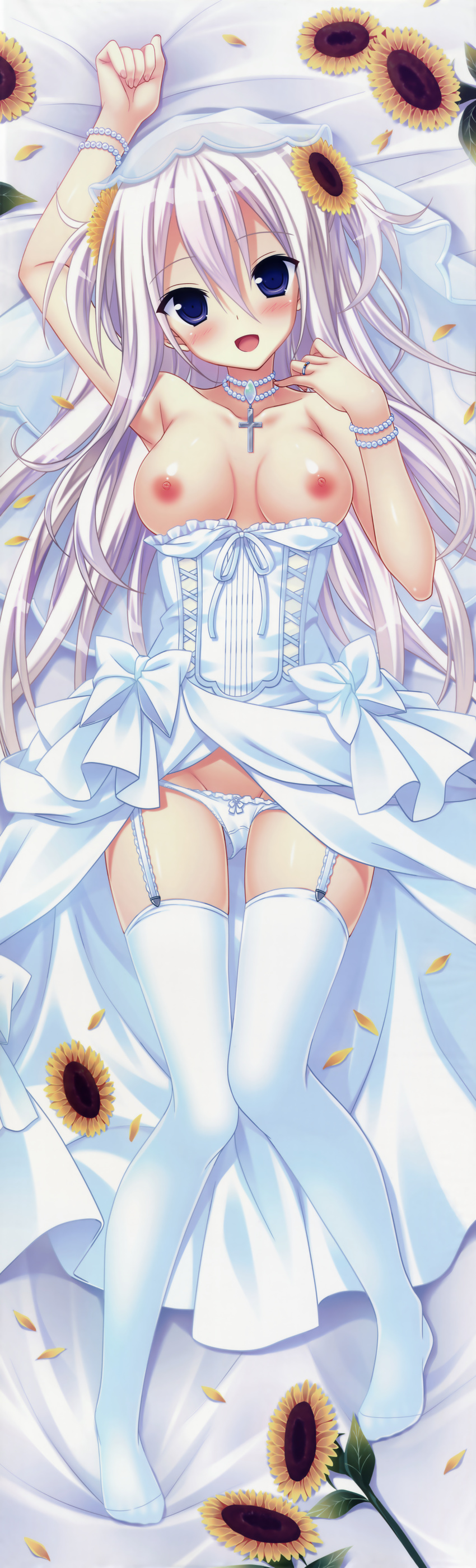 :d absurdres arm_up bed bed_sheet blush bracelet breasts dakimakura dress dress_pull flower from_above full_body garter_straps highres huge_filesize jewelry knees_together_feet_apart legs looking_at_viewer lying medium_breasts mimasaka_hinata narusawa_sora necklace nipples on_back on_bed on_stomach open_mouth ore_to_5-nin_no_yome-san_ga_raburabu_nano_wa_mirai_kara_kita_aka-chan_no_okage_ni_chigainai!? panties panty_pull ring scan shirt_pull smile solo sunflower thighhighs underwear wedding_dress wedding_ring white_legwear white_panties