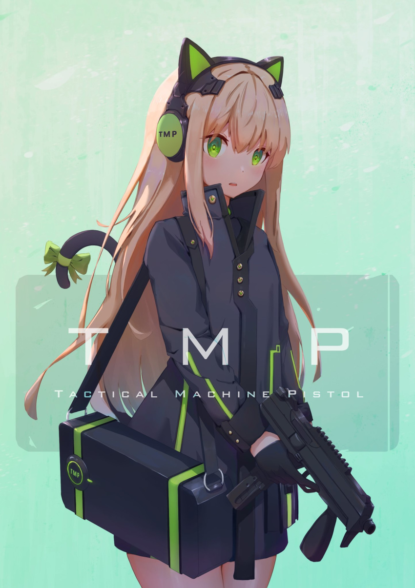 1girl animal_ears artist_request bangs black_jacket blush bow cat_ear_headphones cat_ears cat_tail eyebrows_visible_through_hair girls_frontline gloves green_eyes gun hair_between_eyes headphones highres holding holding_gun holding_weapon jacket light_brown_hair long_hair long_sleeves object_namesake solo standing steyr_tmp submachine_gun tail tail_bow tmp_(girls_frontline) weapon