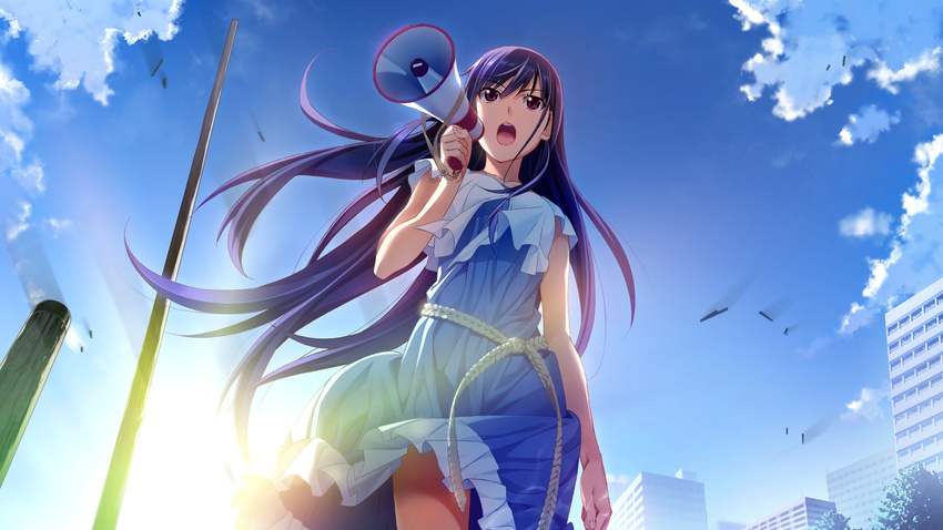 backlighting bare_arms belt brown_eyes cityscape cloud day dress from_below grisaia_(series) grisaia_no_kajitsu highres long_hair megaphone open_mouth purple_hair sakaki_yumiko sky solo sunlight watanabe_akio wind wind_lift