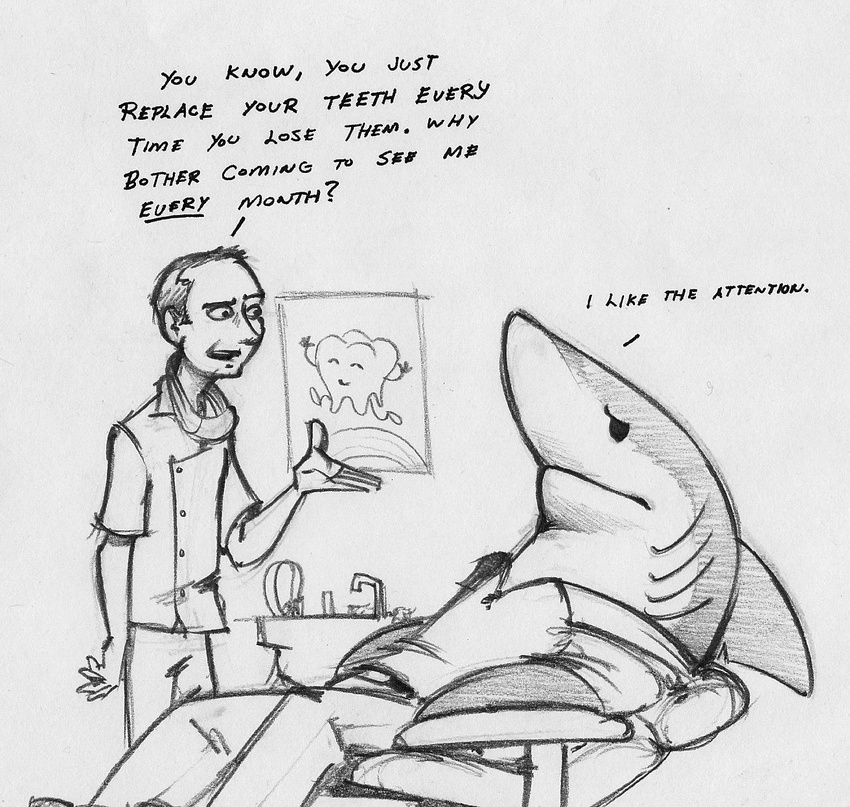black_and_white dentist english_text fish gills greyscale human humor joke male mammal marine monochrome robthedoodler shark sink sketch smile teeth text tooth