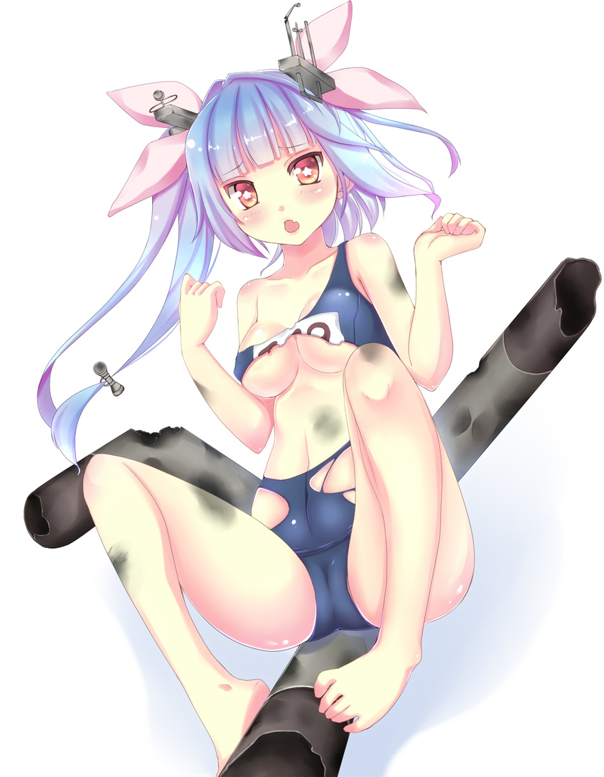 :o barefoot blue_hair breasts fang feet gradient_hair hair_ribbon highres i-19_(kantai_collection) kantai_collection long_hair md5_mismatch medium_breasts mofumofu_(minidora-dorara) multicolored_hair navel pink_hair red_eyes ribbon school_swimsuit solo star star-shaped_pupils swimsuit symbol-shaped_pupils torn_clothes torn_swimsuit torpedo twintails white_background