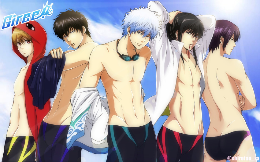 black_hair brown_hair free! gintama goggles goggles_around_neck hijikata_toushirou hood hoodie jacket jacket_removed jammers katsura_kotarou male_focus male_swimwear multiple_boys okita_sougo parody purple_hair sakata_gintoki shiroyasha silver_hair swim_briefs swim_trunks swimwear takasugi_shinsuke white_hair