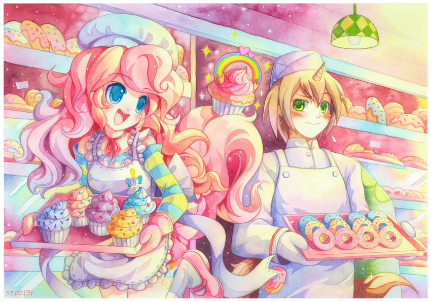 1girl :d apron bakery blue_eyes blush bread chef_hat colorful cupcake donut_joe doughnut emperpep food frilled_apron frills gloves green_eyes hanging_light hat holding holding_tray horn long_hair long_sleeves looking_at_another looking_to_the_side mary_janes muffin my_little_pony my_little_pony_friendship_is_magic neck_ribbon off-shoulder_shirt open_mouth oven_mitts personification pink pink_footwear pink_gloves pink_hair pinkie_pie rainbow ribbon shelf shirt shoes shop signature smile socks sparkle standing standing_on_one_leg striped striped_shirt tail traditional_media tray watercolor_(medium) white_gloves white_legwear