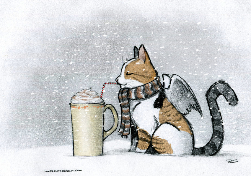 :3 cat cider coffee feline mammal robthedoodler scarf snow snowing wings