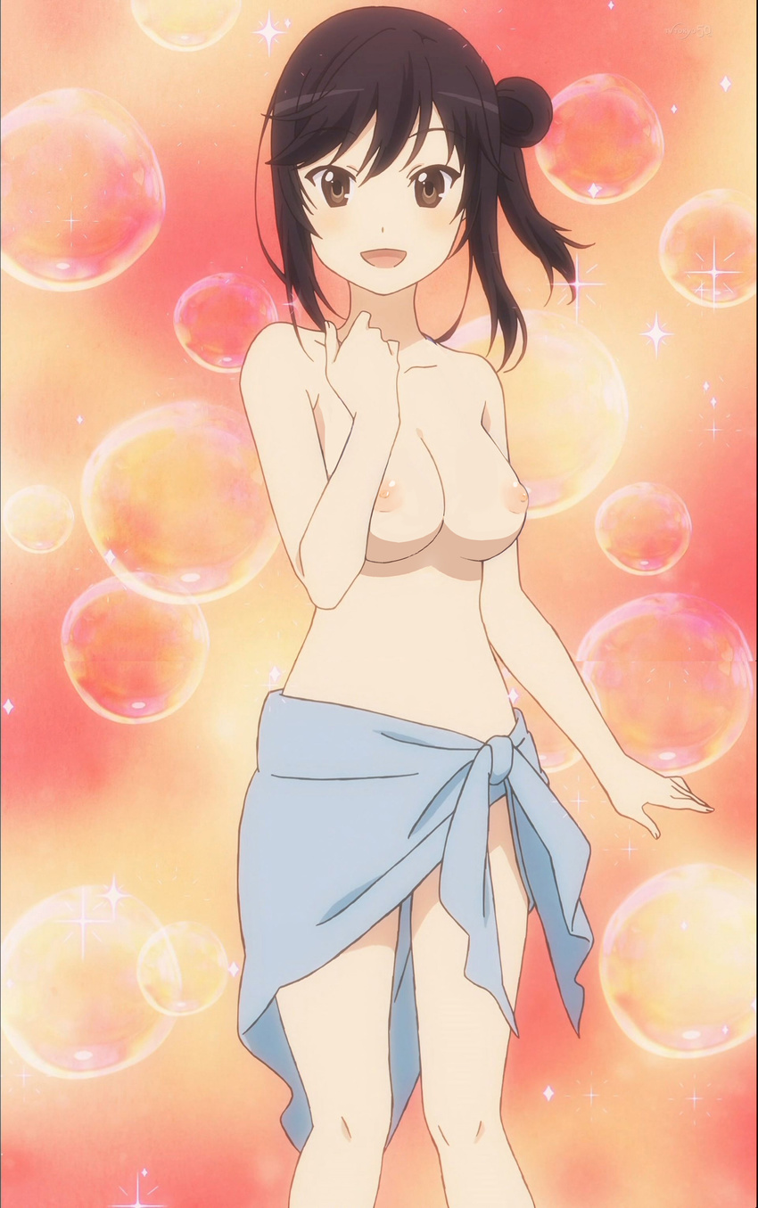 1girl black_hair breasts brown_eyes bubble bubbles hair_bun highres ichijou_hotaru large_breasts looking_at_viewer nipples non_non_biyori nude_filter open_mouth photoshop sarong screencap short_hair smile solo stitched topless