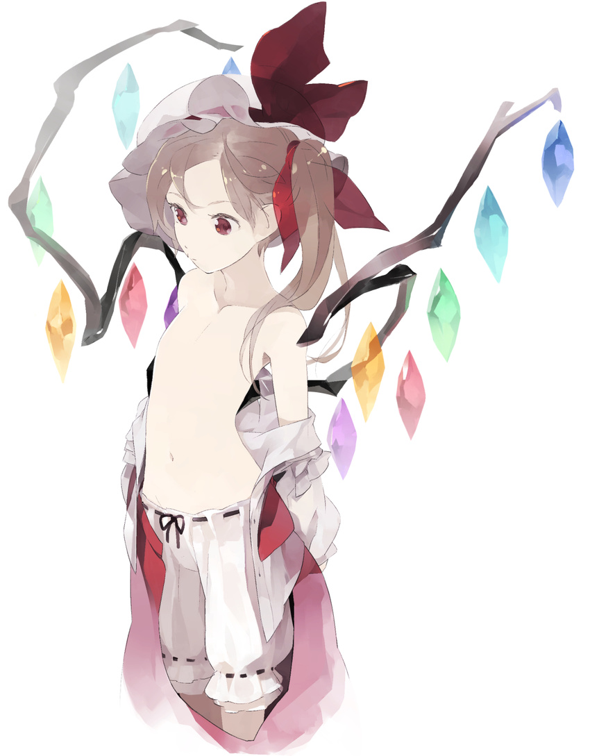 bloomers flandre_scarlet flat_chest hair_ribbon hat highres long_hair md5_mismatch navel no_nipples off_shoulder open_clothes red_eyes ribbon shihou_(g-o-s) simple_background solo topless touhou underwear wings