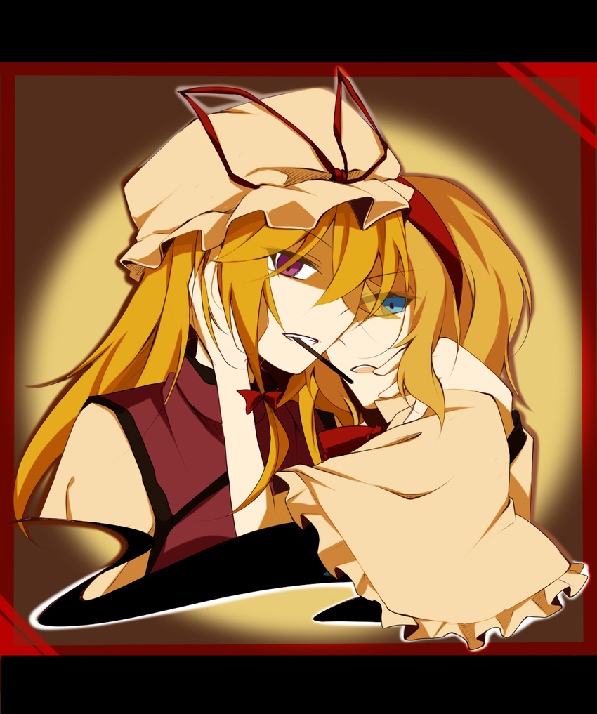 alice_margatroid blonde_hair blue_eyes border capelet faech food food_in_mouth gradient gradient_background grin hairband hand_on_another's_face hand_on_another's_head hat hat_ribbon highres letterboxed long_hair looking_at_viewer mob_cap multiple_girls parted_lips pocky purple_eyes red_border ribbon shadow short_hair smile tabard touhou yakumo_yukari yuri
