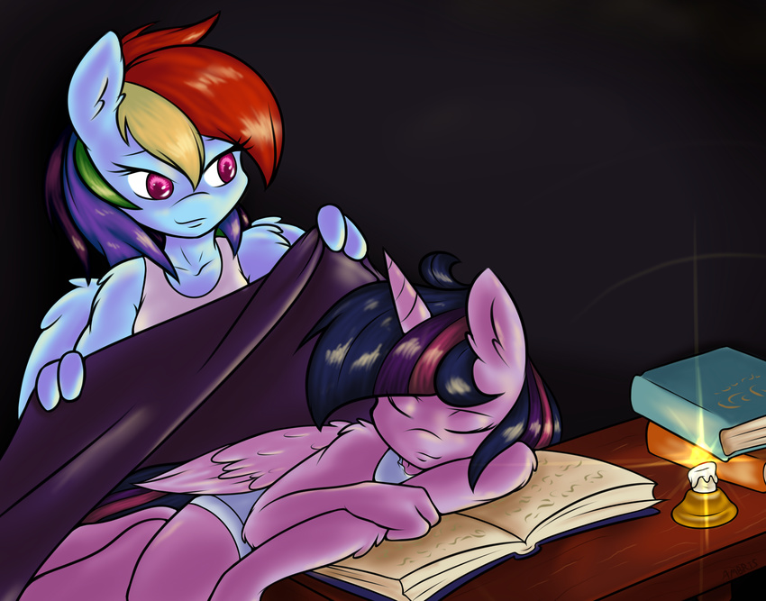 absurd_res ambris anthro anthrofied blanket book candle candlestick couple desk duo equine female friendship_is_magic hair hi_res horn horse mammal multi-colored_hair my_little_pony pegasus pony purple_eyes purple_hair rainbow_dash_(mlp) rainbow_hair sleeping twilight_sparkle_(mlp) winged_unicorn wings