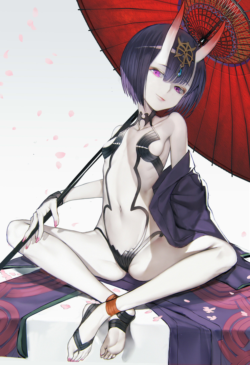 1girl absurdres bangs bare_legs barefoot_sandals breasts closed_mouth commentary_request crossed_ankles eyebrows_visible_through_hair fate/grand_order fate_(series) fingernails hair_between_eyes head_tilt headpiece highres holding holding_umbrella horns looking_at_viewer nail_polish navel nyatabe oni oni_horns oriental_umbrella petals pink_nails purple_eyes purple_hair red_umbrella revealing_clothes short_hair shuten_douji_(fate/grand_order) small_breasts smile solo toenail_polish toenails umbrella