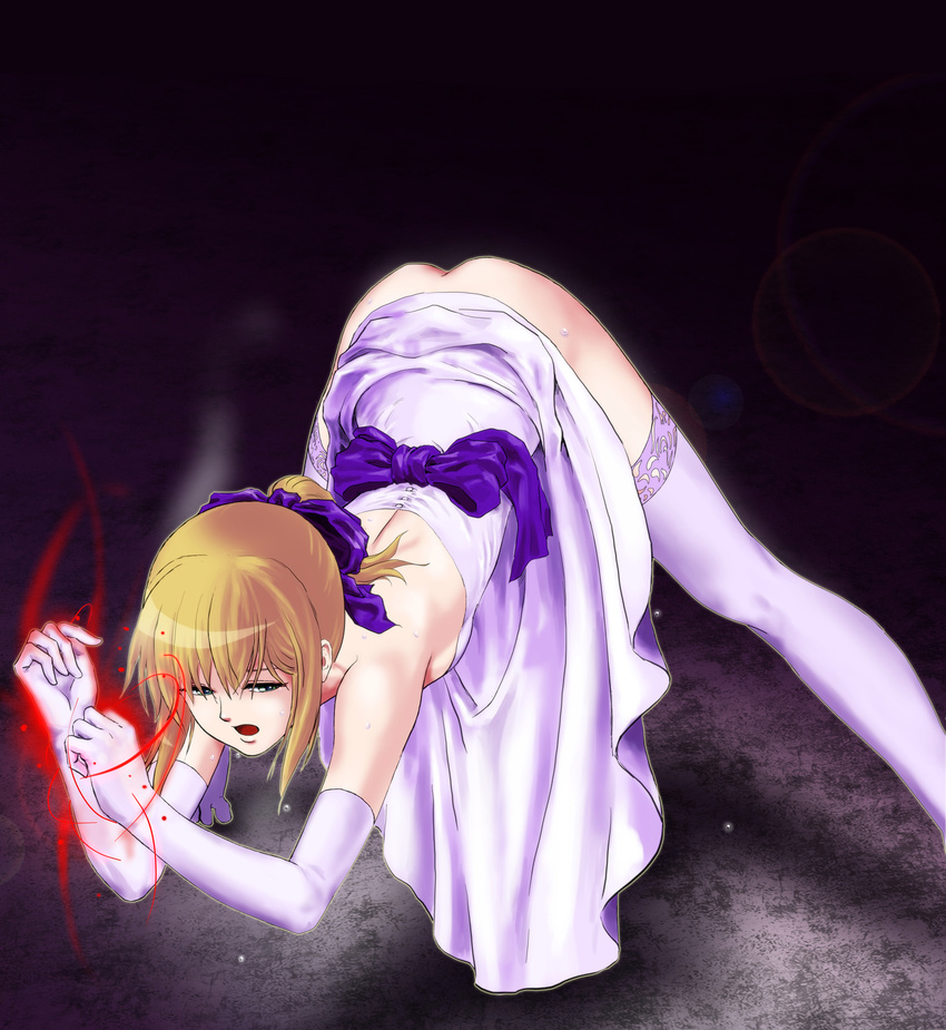 ahoge artoria_pendragon_(all) ass blonde_hair dress elbow_gloves fate/stay_night fate_(series) gloves green_eyes highres no_panties parupu_(takumx3) saber solo thighhighs top-down_bottom-up white_dress