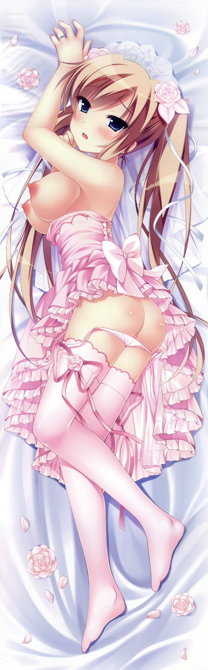 absurdres ahoge ass bed bed_sheet blue_eyes blush bow breasts bridal_veil brown_hair dakimakura dress dress_pull flower from_side full_body highres huge_filesize jewelry large_breasts legs looking_at_viewer lying nipples no_bra on_bed on_side open_mouth ore_to_5-nin_no_yome-san_ga_raburabu_nano_wa_mirai_kara_kita_aka-chan_no_okage_ni_chigainai!? pan_(mimi) panties panty_pull petals pink_legwear pink_panties ring scan shirt_pull side-tie_panties solo thighhighs tiara twintails underwear untied untied_panties veil wedding_dress wedding_ring yamashiro_akari