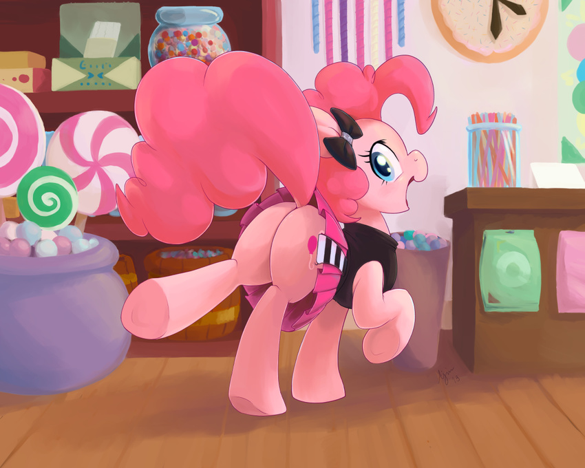 back_turned blue_eyes bow butt candy clock cutie_mark dress equine female feral friendship_is_magic from_behind fur hair horse legs_up looking_at_viewer mammal my_little_pony open_mouth pink_fur pink_hair pinkie_pie_(mlp) pony signature skirt smile solo upskirt