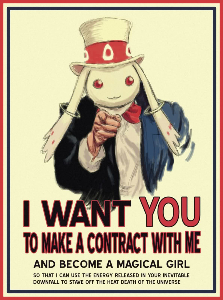 border bow bowtie english hat highres i_want_you jacket kyubey looking_at_viewer mahou_shoujo_madoka_magica make_a_contract no_humans parody pointing poster propaganda red_eyes solo spoilers top_hat uncle_sam