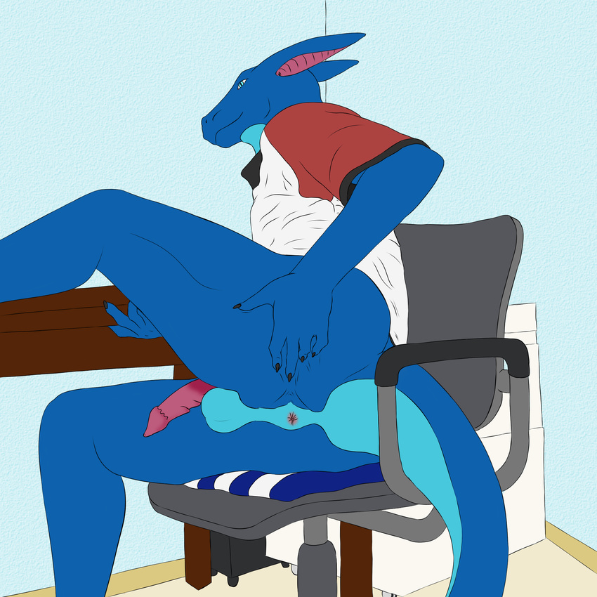 5_fingers anthro anus balls barbs blue_dragon bottomless butt chair claws clothing dalittlebludragon dragon hole male penis presenting presenting_hindquarters shirt sitting solo spread_anus spreading