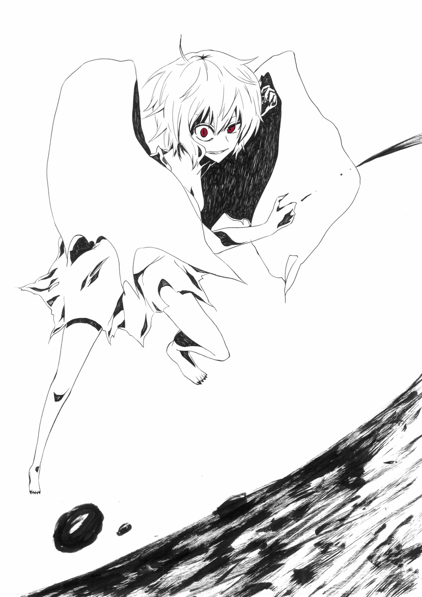 absurdres barefoot fang greyscale highres jumping monochrome monokurokenkenpa red_eyes remilia_scarlet short_hair solo spot_color torn_clothes touhou wings
