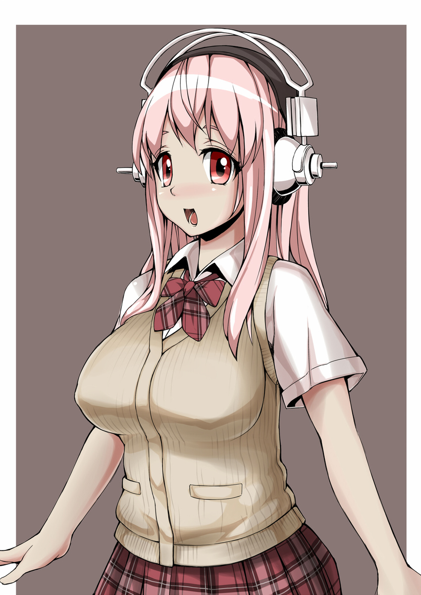 bai_linqin blush breasts cardigan_vest headphones highres large_breasts long_hair nitroplus open_mouth pink_hair plaid plaid_skirt red_eyes skirt smile solo super_sonico