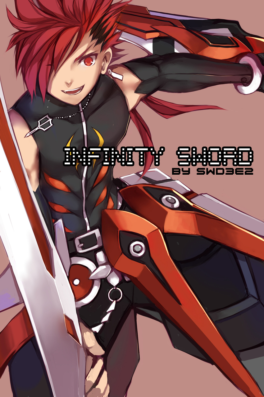 armor artist_name bad_id bad_pixiv_id belt black_gloves dual_wielding elbow_gloves elsword elsword_(character) gloves highres holding infinity_sword_(elsword) jewelry long_hair male_focus necklace pants pink_background ponytail red_eyes red_hair smile solo swd3e2 sword weapon