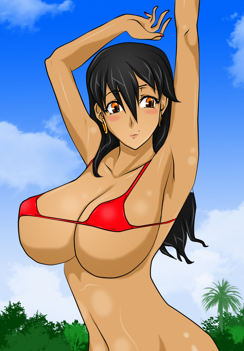 1girl bikini black_hair breasts dark_skin large_breasts long_hair orange_eyes original solo supernova_(artist) swimsuit