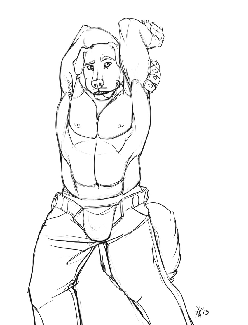 anthro arms_behind_head biceps bulge canine claws clothing dog flexing fur male mammal muscles nipples pants pecs pose rrowdybeast sketch solo standing topless underwear