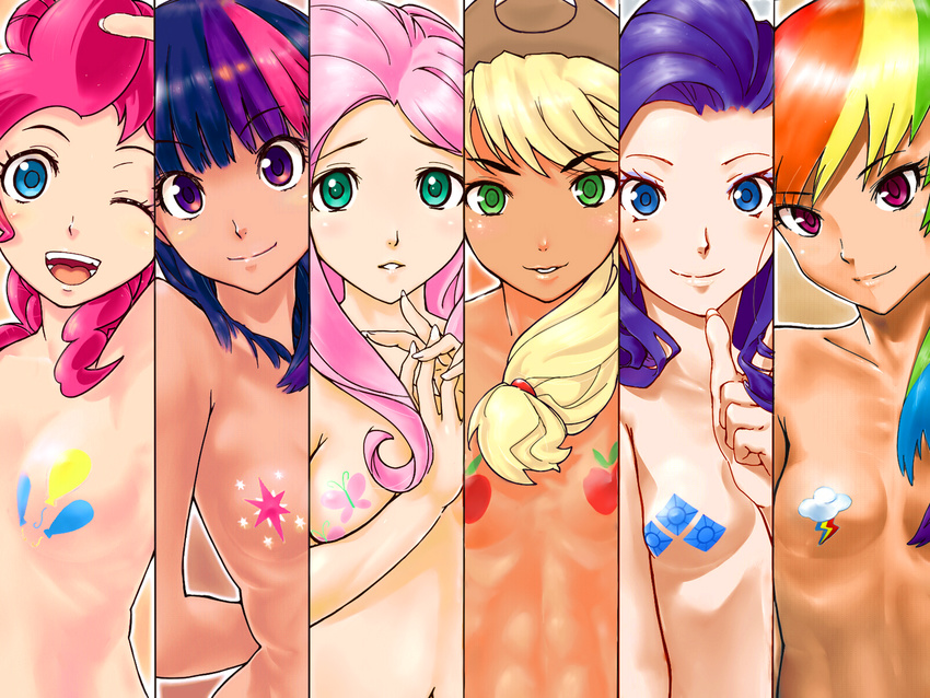 6+girls abs amagami apple applejack artist_request balloon bangs blonde_hair blue_eyes blush breasts butterfly censored cloud cowboy_hat curly_hair cutie_mark diamond_(shape) flat_chest fluttershy food fruit green_eyes hat highres looking_at_viewer multicolored_hair multiple_girls my_little_pony my_little_pony_equestria_girls my_little_pony_friendship_is_magic nipples novelty_censor nude open_mouth parody personification pink_hair pinkie_pie ponytail purple_eyes purple_hair rainbow rainbow_dash rainbow_hair rarity small_breasts smile source_request sparkle style_parody tareme tsurime twilight_sparkle wink