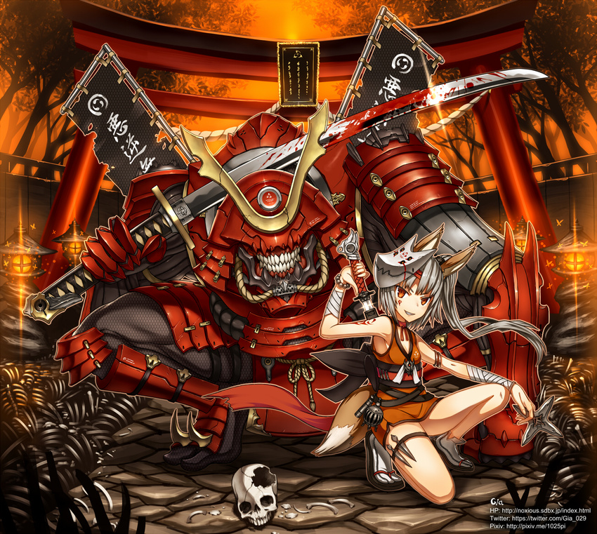 animal_ears armor blood fox_ears fox_mask fox_tail gia japanese_armor long_hair mask monster orange_eyes original samurai silver_hair sword tail watermark weapon web_address