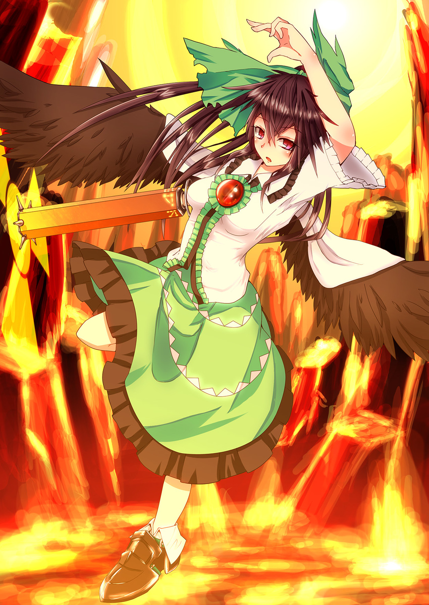 arm_cannon arm_up bad_id bad_pixiv_id bird_wings black_hair blouse bow breasts cape cave flying greaves hair_bow highres karasuma_amiru leaning_over leg_up looking_at_viewer medium_breasts molten_rock open_mouth ponytail radiation_symbol red_eyes reiuji_utsuho short_hair skirt solo sun third_eye touhou weapon wings