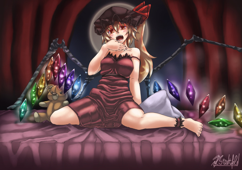 alternate_breast_size alternate_costume ankle_cuffs bed breasts flandre_scarlet highres large_breasts older open_mouth ryuuno_stadtfeld solo strap_slip stuffed_animal stuffed_toy tears teddy_bear touhou yawning