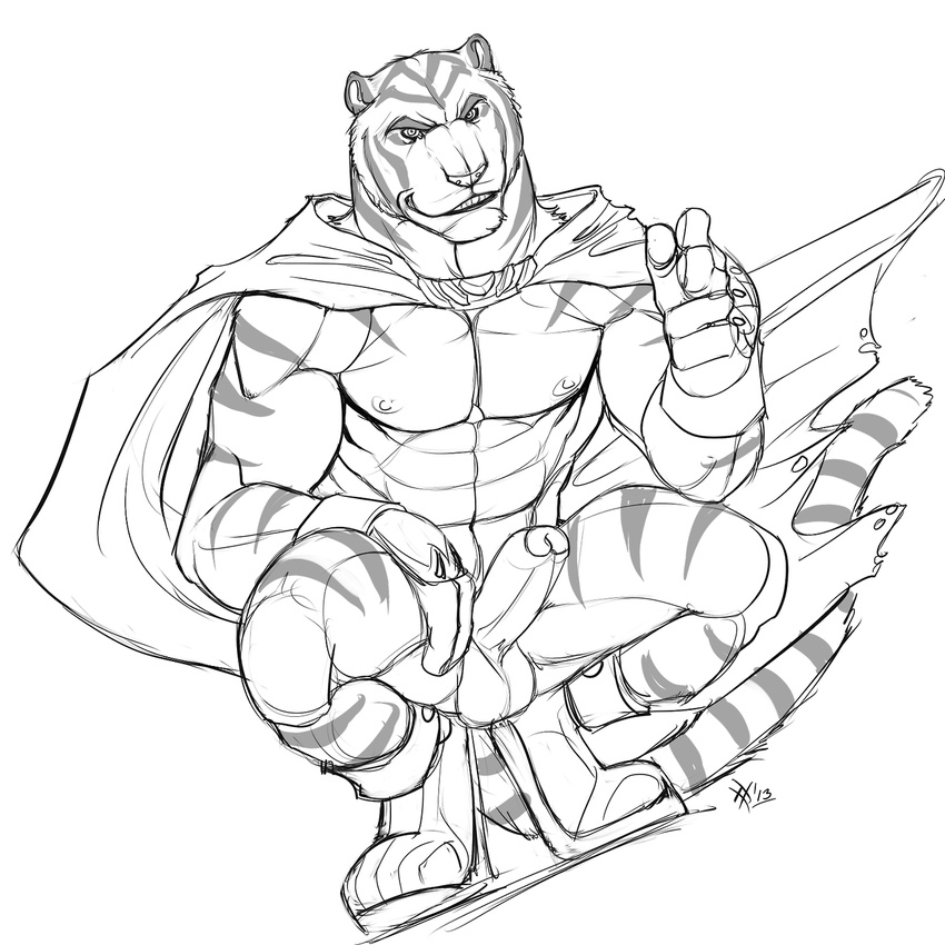 abs anthro balls biceps big_muscles body_markings cape claws crouching erection fangs feline fur grin humanoid_penis looking_at_viewer male mammal markings muscles nipples nude pecs penis pose presenting rrowdybeast sheath sketch smile solo stripes strong teeth tiger toned uncut