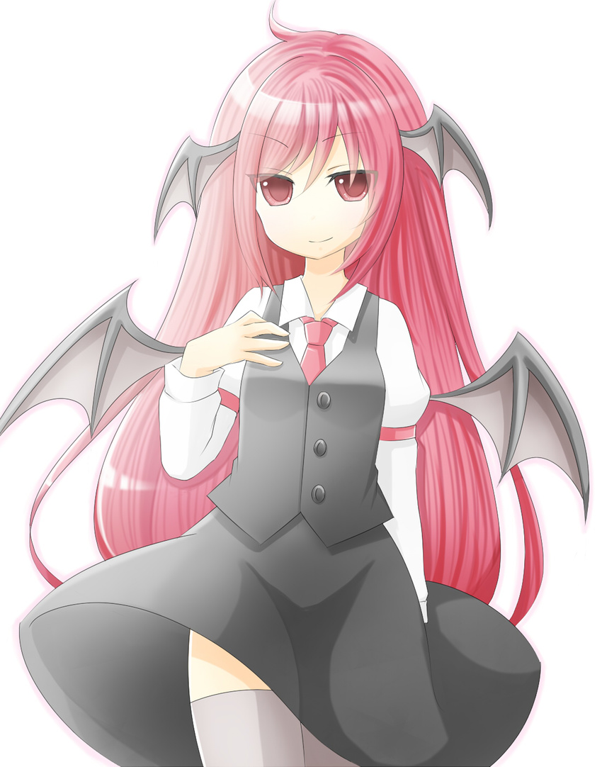 &gt;:) ahoge armband bad_id bad_pixiv_id bat_wings buttons dress_shirt ellipsis_(mitei) hand_on_own_chest head_wings highres koakuma long_hair looking_at_viewer necktie raised_eyebrow red_eyes red_hair shirt simple_background skirt skirt_set smile solo thighhighs touhou v-shaped_eyebrows very_long_hair vest white_background white_legwear white_shirt wind wind_lift wings zettai_ryouiki