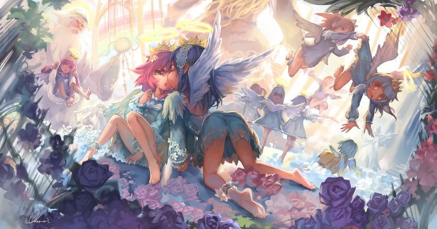 6+girls all_fours angel ankle_cuffs ass assisted_exposure bad_id bad_pixiv_id bangs bare_legs barefoot beard between_legs black_hair blue_dress blue_hair blunt_bangs brown_eyes brown_hair chestnut_mouth circlet closed_eyes crown dress dress_lift facial_hair facing_another feathered_wings fence flower flying god hair_flower hair_ornament hairband halo hand_between_legs heaven imminent_kiss long_hair long_sleeves looking_at_another multiple_girls music mustache observerz old_man open_mouth original pink_flower pink_hair pink_rose purple_flower purple_rose rainbow robe rose scepter short_dress short_hair signature singing sitting size_difference soles swinging toe_scrunch toes white_hair white_wings wide_sleeves wings yuri