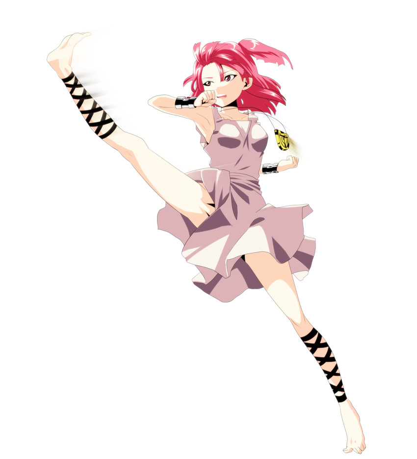 ankle_lace-up armpits barefoot bracelet cross-laced_footwear cuffs dress feet full_body highres jewelry kicking long_hair magi_the_labyrinth_of_magic morgiana nametake_(kumas869) one_side_up red_eyes red_hair simple_background solo white_background