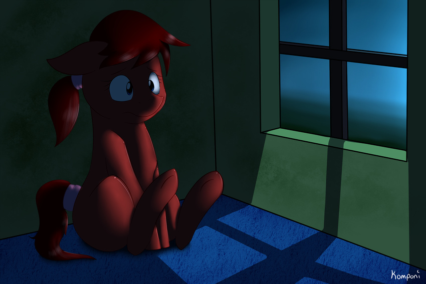 blue_eyes equine female feral friendship_is_magic fur hair hairband horse komponi mammal my_little_pony original_character pony ponytail red_fur red_hair signature sitting solo window
