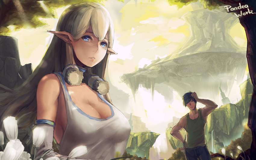 1girl blue_eyes breasts cleavage covered_nipples flower green_hair large_breasts mole mole_under_eye original pandea_work pointy_ears smile tank_top