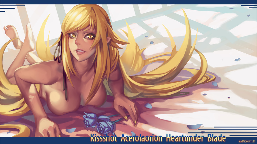 2013 artist_name bakemonogatari barefoot blonde_hair blue_flower blue_rose breasts character_name dated flower hair_ribbon highres kiss-shot_acerola-orion_heart-under-blade large_breasts long_hair lying madyy monogatari_(series) nail_polish nude on_stomach parted_lips petals pointy_ears ribbon rose slit_pupils smile solo very_long_hair yellow_eyes