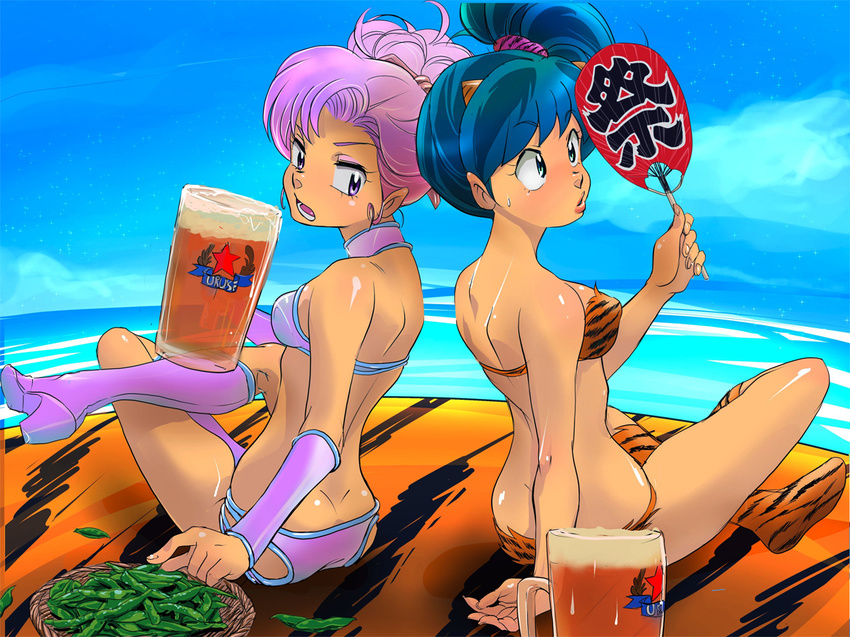 alcohol animal_print back bad_id bad_pixiv_id beer bikini boots choker crossed_legs earrings edamame_(food) fan food green_eyes green_hair hair_up horns indian_style jewelry lum makeup multiple_girls ocean oilaoila open_mouth paper_fan pink_eyes pink_hair ran_(urusei_yatsura) sitting swimsuit tiger_print uchiwa urusei_yatsura water