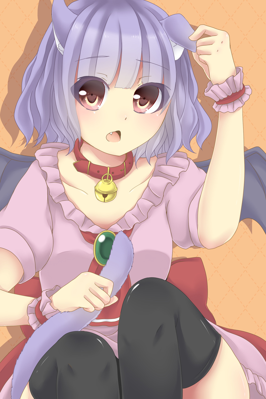 animal_ears ascot bat_wings bell bell_collar brooch cat_ears cat_tail collar collarbone fang highres holding_ears holding_own_tail jewelry jingle_bell kemonomimi_mode knees_up lavender_hair looking_at_viewer mutsumi326 open_mouth orange_background over-kneehighs red_eyes remilia_scarlet shadow short_hair short_sleeves simple_background sitting skirt skirt_set solo tail thighhighs touhou wings