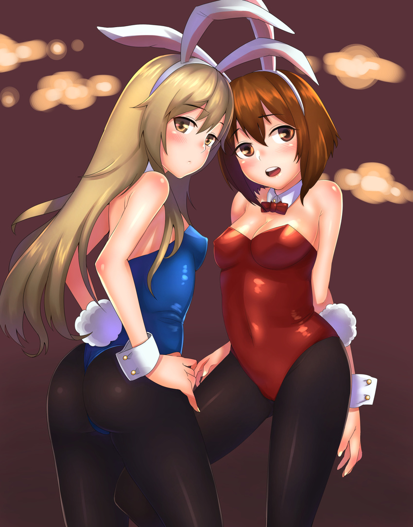 alternate_costume animal_ears ass bare_shoulders blonde_hair blue_leotard blush bow bowtie breasts brown_eyes brown_hair bunny_ears bunny_girl bunny_tail bunnysuit cleavage detached_collar fake_animal_ears highres kantai_collection kyuuso_inukami leg_between_thighs leotard long_hair looking_at_viewer medium_breasts multiple_girls open_mouth pantyhose red_leotard shimakaze_(kantai_collection) short_hair tail thong_leotard wrist_cuffs yukikaze_(kantai_collection)