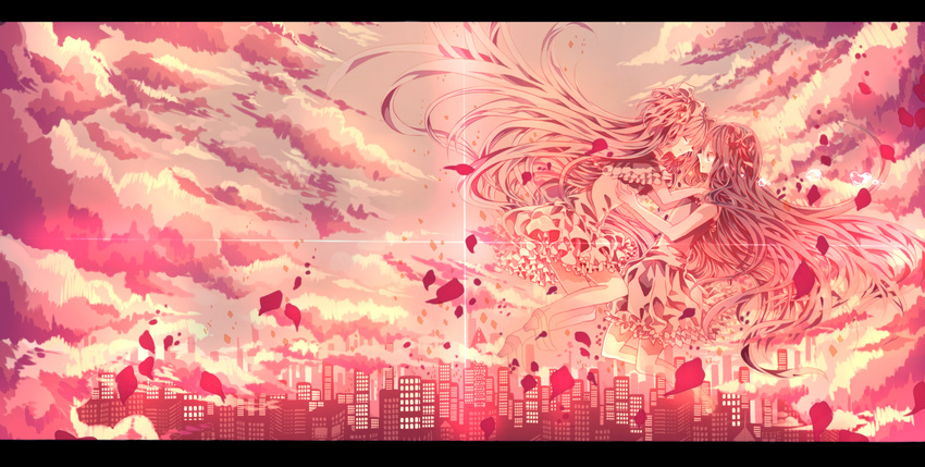 aka_x akemi_homura city clouds kaname_madoka long_hair mahou_shoujo_madoka_magica petals pink