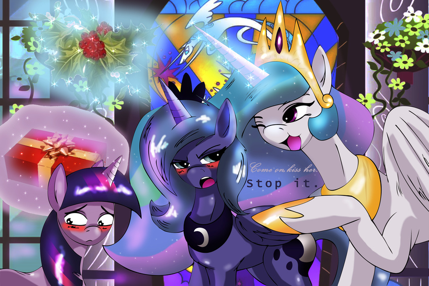 absurd_res alcasar blue_eyes blue_hair blush crown cutie_mark embarrassed equine female feral flower friendship_is_magic gift glowing gold group hair hi_res horn horse levitation magic mammal mistletoe multi-colored_hair my_little_pony necklace pink_hair pony princess_celestia_(mlp) princess_luna_(mlp) purple_eyes purple_hair twilight_sparkle_(mlp) winged_unicorn wings