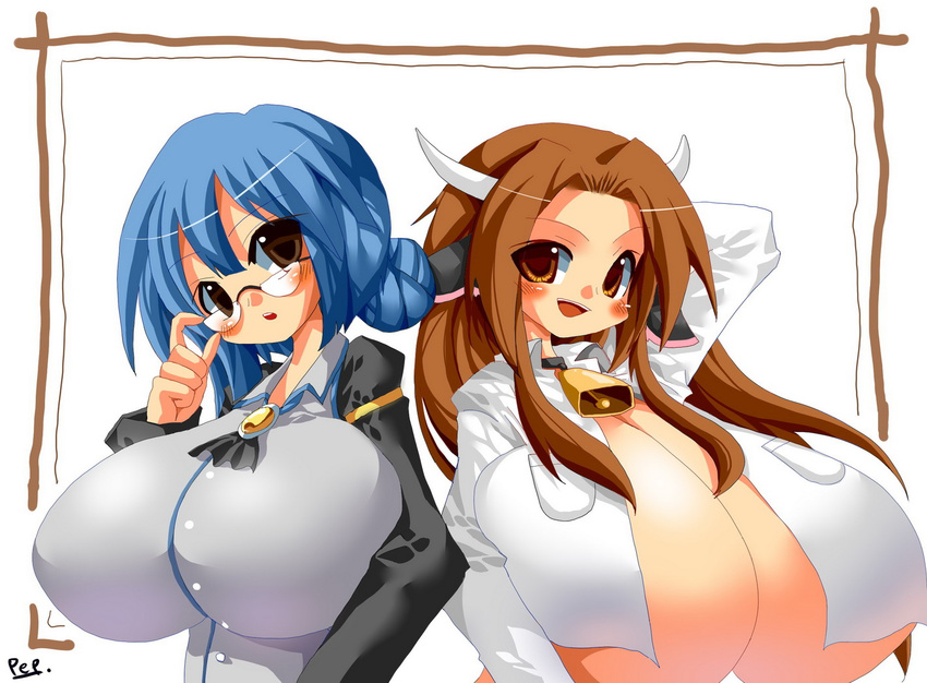 adjusting_eyewear animal_ears bell bell_collar blue_hair blush borrowed_character breasts brown_eyes brown_hair cleavage collar cow_bell cow_ears cow_girl cow_horns ego_trigger emperpep gigantic_breasts glasses hair_bun horns huge_breasts impossible_clothes long_hair mattie_(ego_trigger) multiple_girls no_bra original raine_(ego_trigger) rimless_eyewear underboob